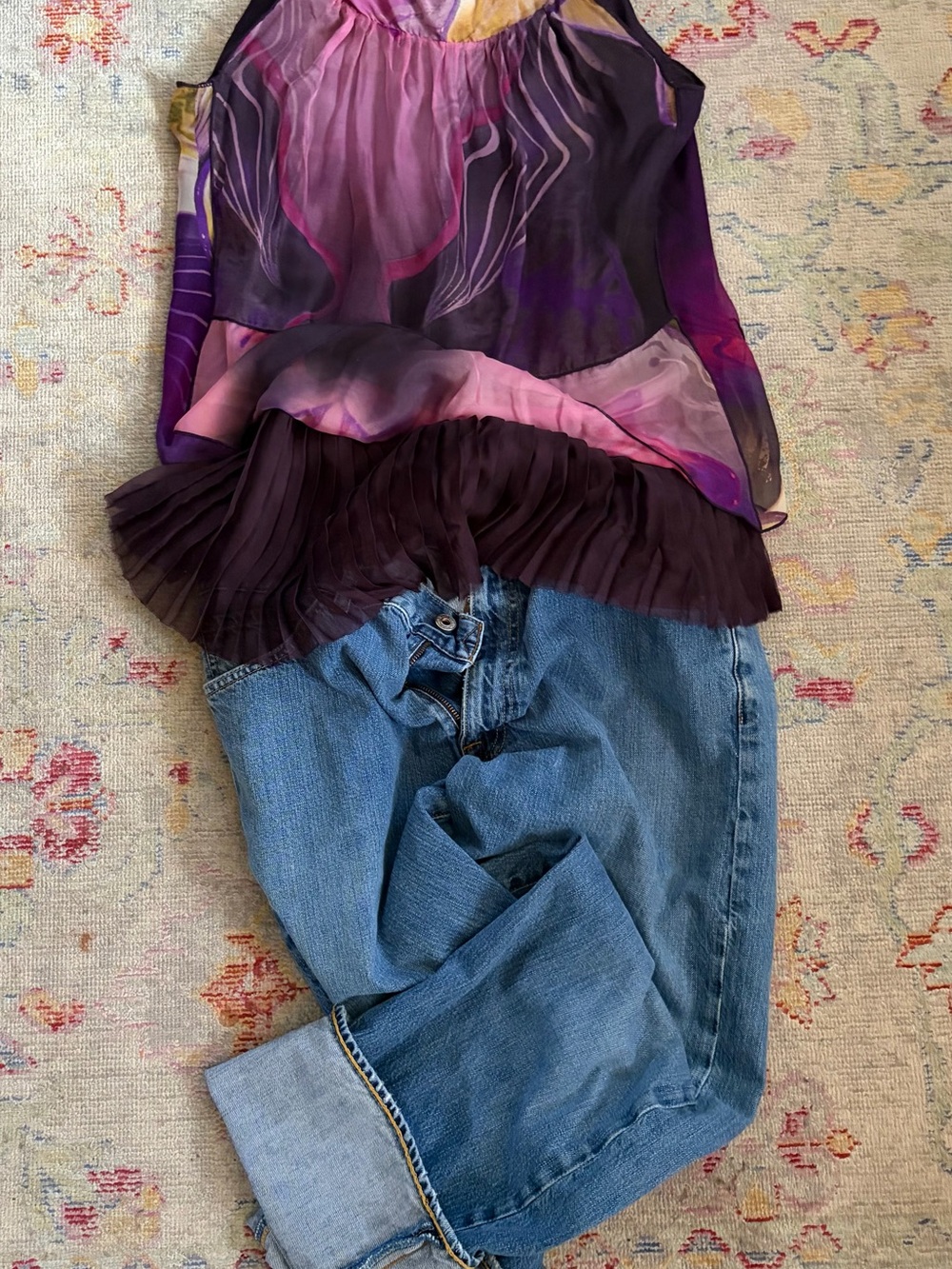 Tracy Porter Sheer Purple and Pink Floral Pleated-Hem Camisole Top